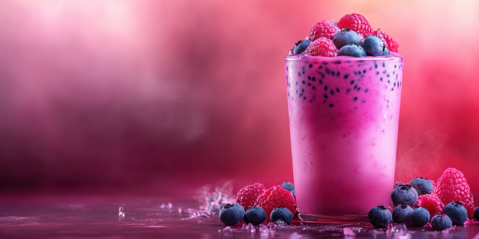 Refreshing berry smoothie served in a tall glass with blueberries and raspberries on a colorful background